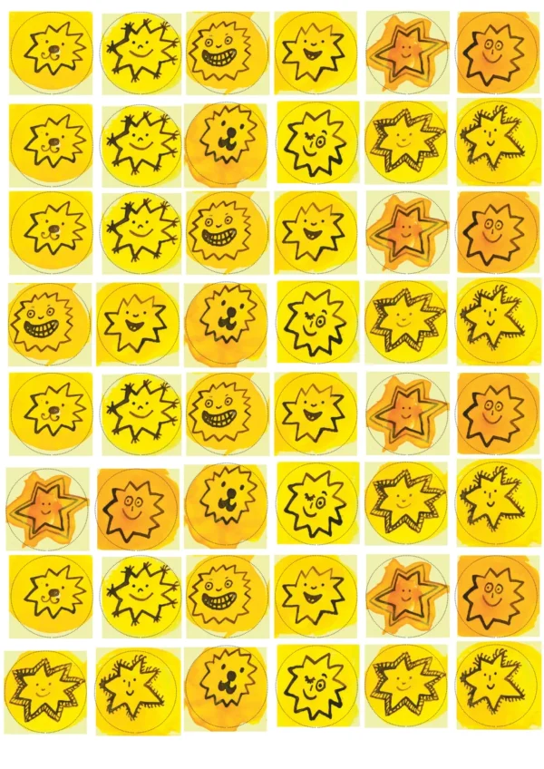 Ilustrace žlutých a oranžových smajlíků Caromat hvězdičky ke stažení PDF.