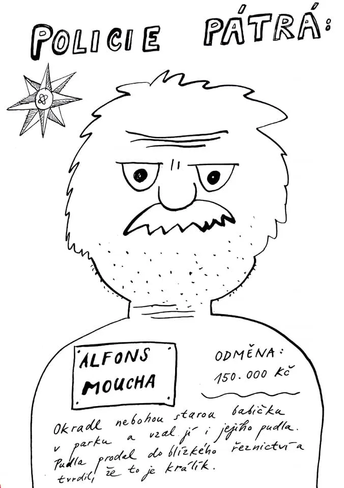 Ilustrace hledaného muže s knírem a strništěm z hry Caromat Zločinci 2.