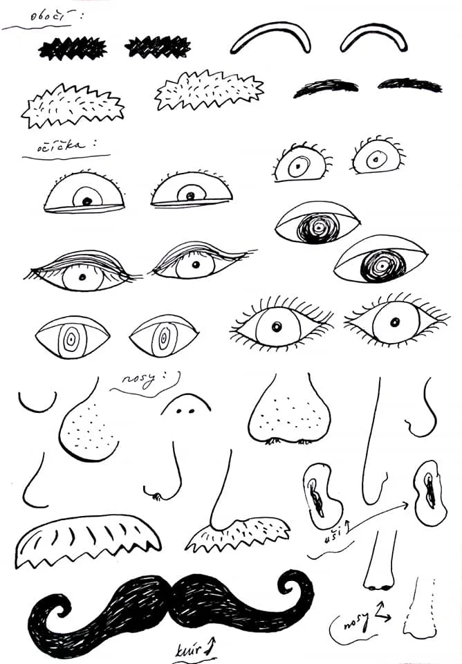 Černobílé ilustrace očí, nosů a kníru z herní šablony Caromat Zločinci 4.