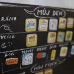 Detail magnetické tabule Caromat magnetky pro děti můj den s ikonami aktivit.
