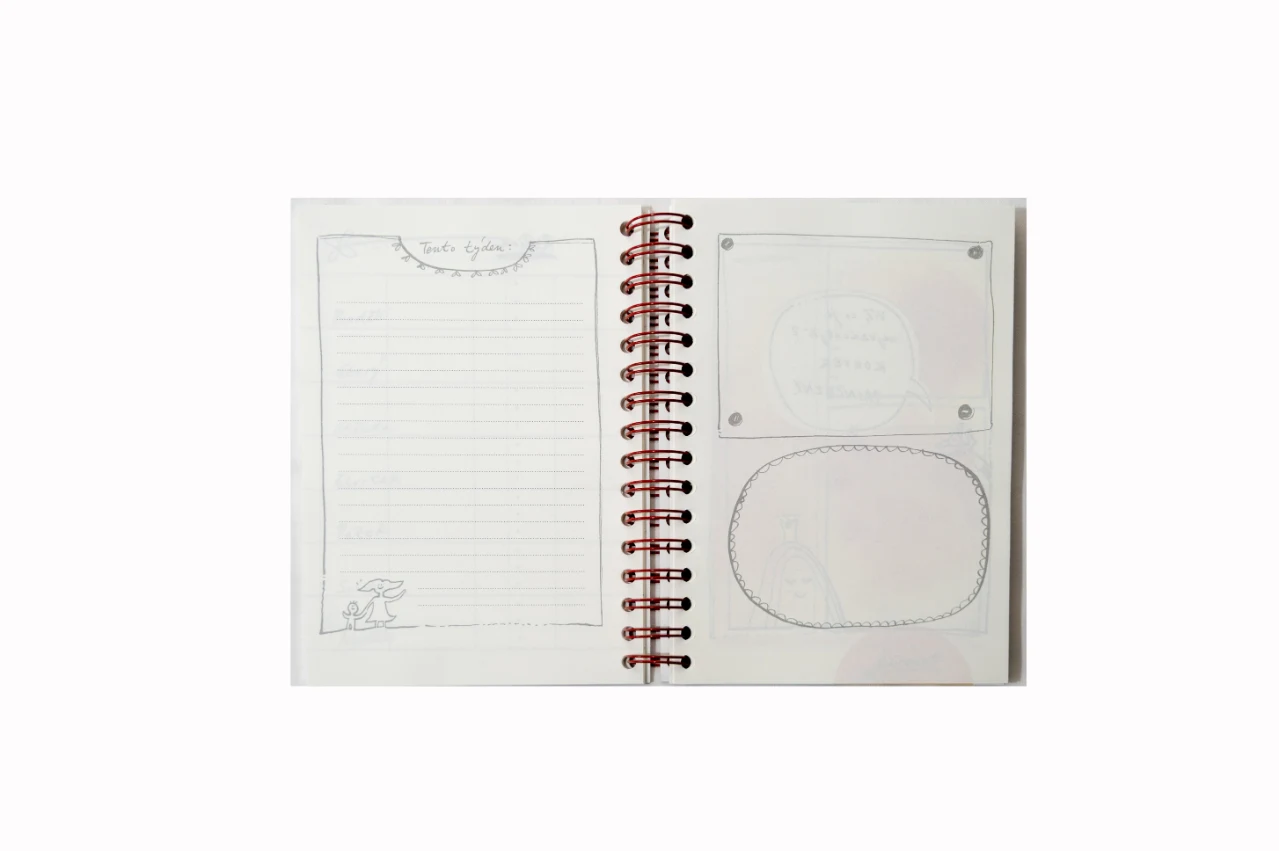 Nedatovaný diář Čáromat – vnitřní stránka s kreslenými bublinami a místem pro zápisky.