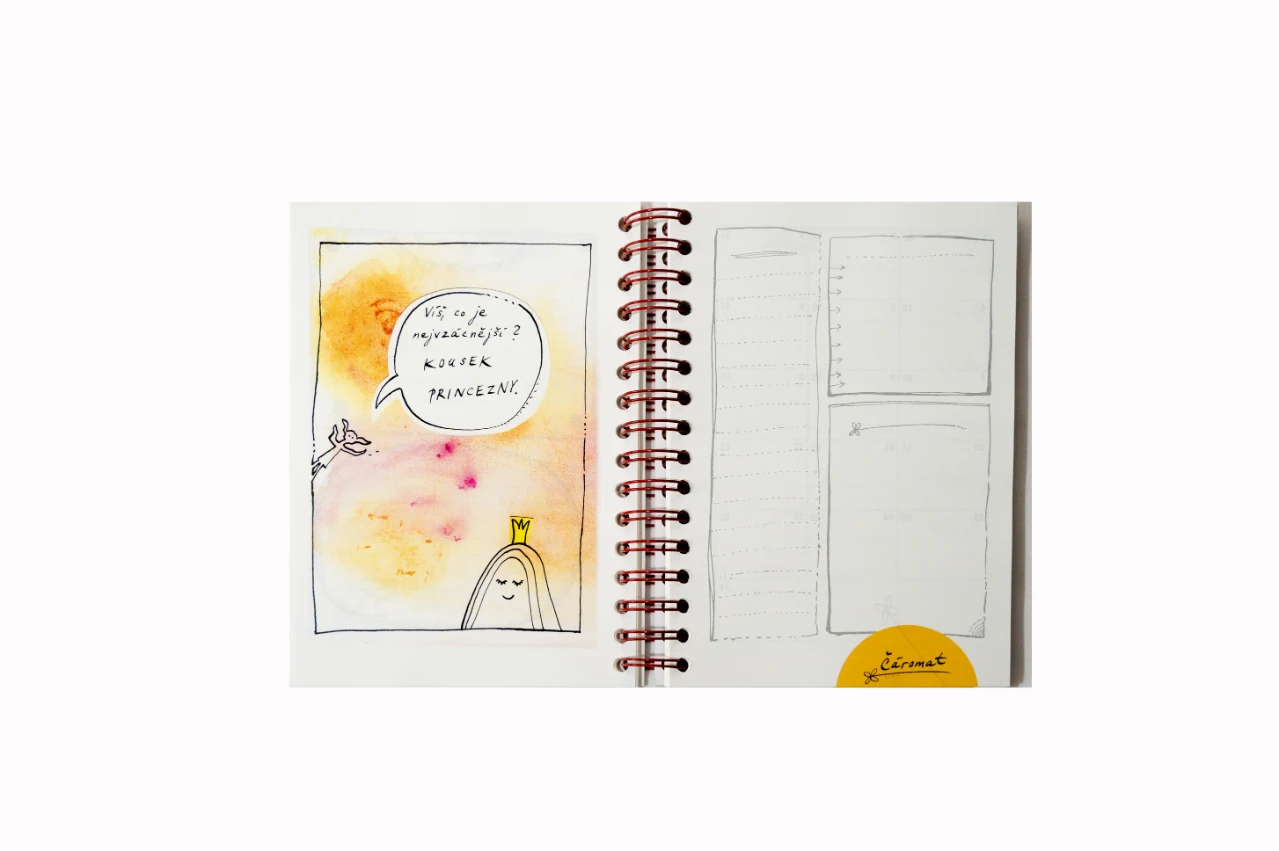 Nedatovaný diář Čáromat – ilustrovaná stránka s princeznou a textem.