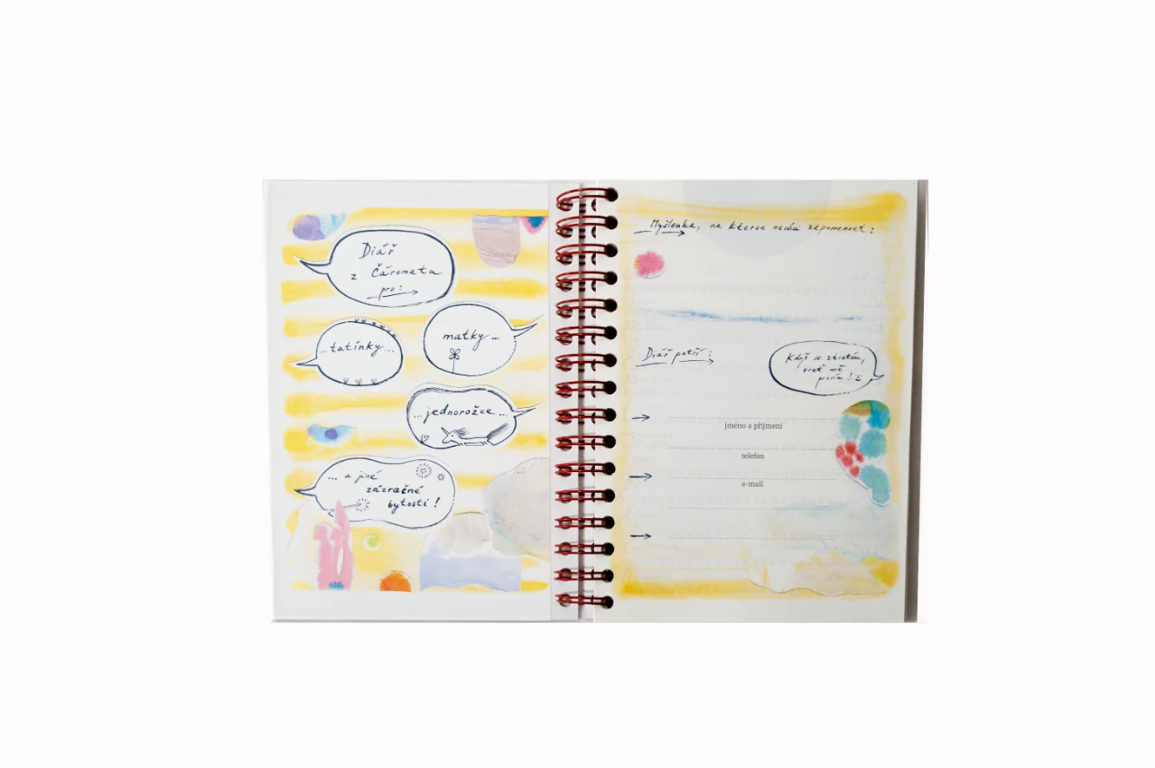 Nedatovaný diář Caromat – úvodní strany s ilustracemi a kontakty