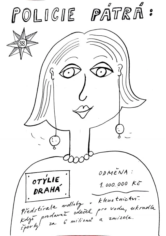 Ilustrace ženy s náušnicemi a perlovým náhrdelníkem z hry Caromat Zločinci – Policie pátrá.