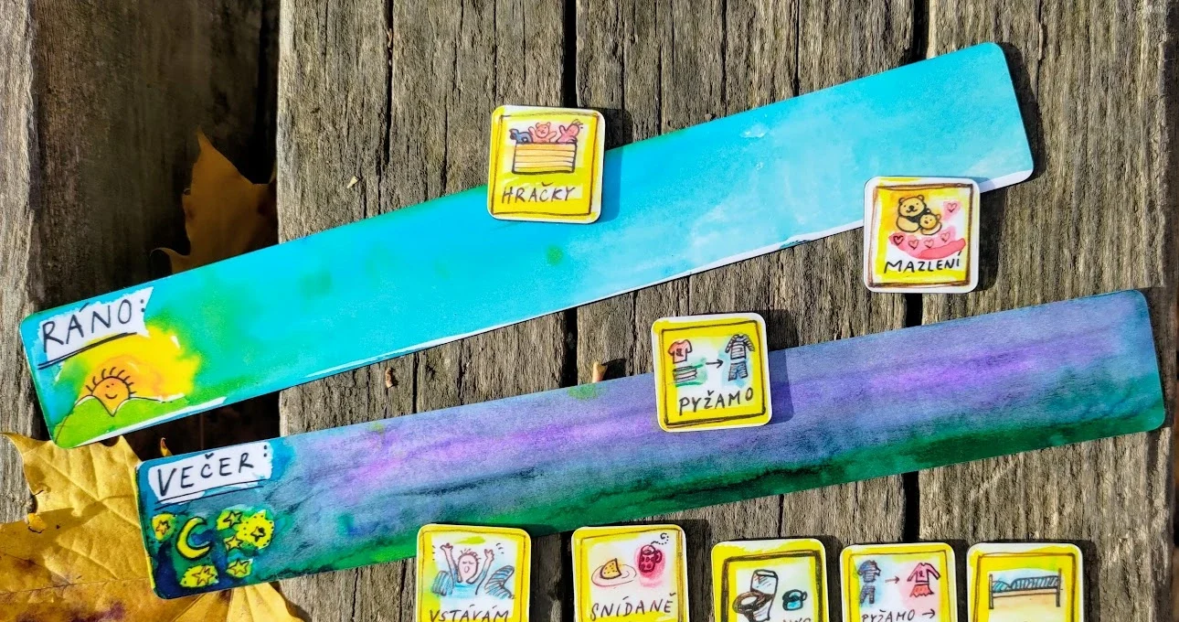 Sada magnetek Čáromat s úkoly pro dětskou ranní a večerní rutinu – vstávání, čištění zubů, oblékání, snídaně, mazlení a uklízení hraček a další.